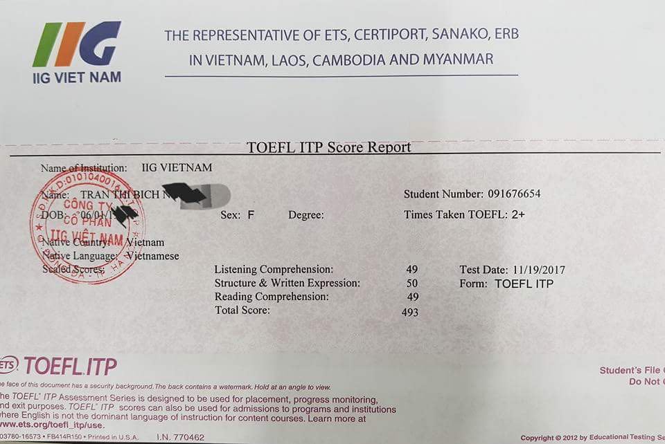 Mẫu chứng chỉ TOEFL ITP do IIG Vietnam cấp